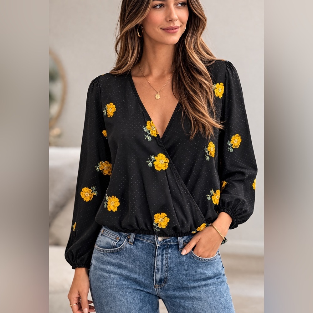 Madewell Black Floral Wrap Blouse Long Sleeve Faux Wrap XS